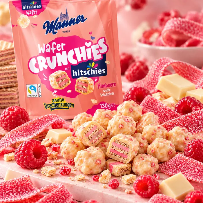 Manner Wafer Crunchies mit hitschies, 130 g, angerichtet mit Himbeeren, weißer Schokolade und sauren Drachenzungen